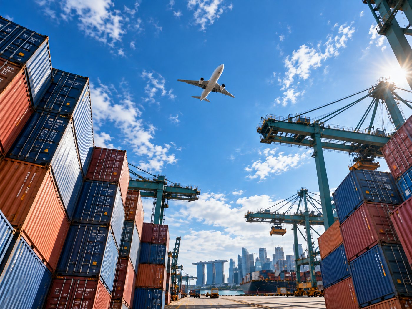 Container port with cranes, an aircraft overhead and the Singapore skyline