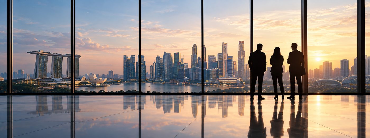 Three people in silhouette looking out over the Singapore skyline at sunset