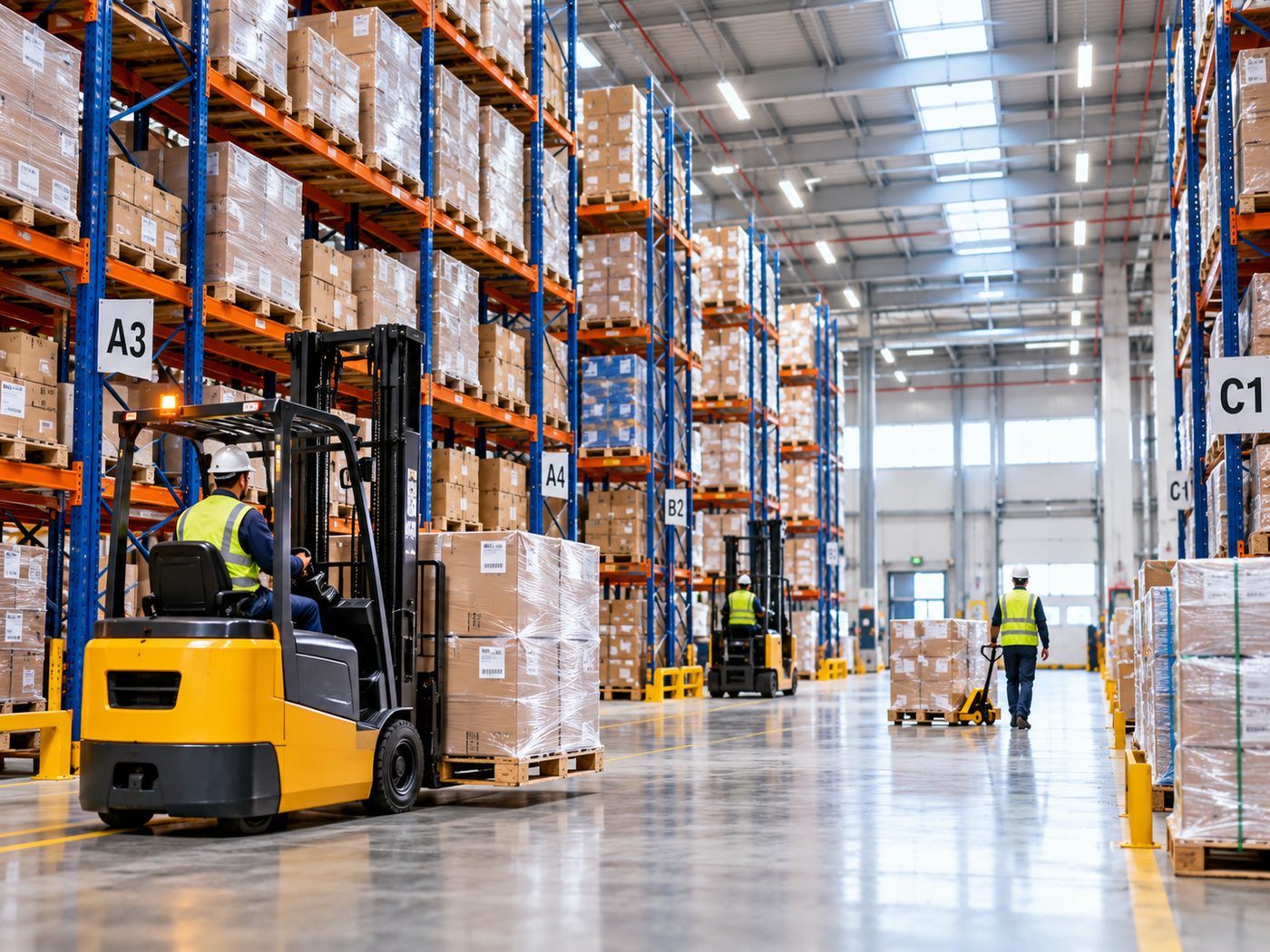 Warehouse with tall racking, a forklift and workers handling pallets
